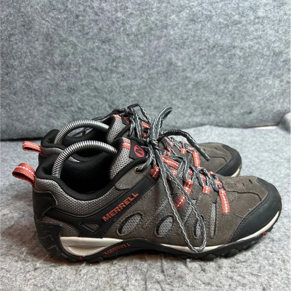 Merrell Mens Hiking Shoes Grey Orange Suede Mesh Low Top Trail Sneakers Size 9.5